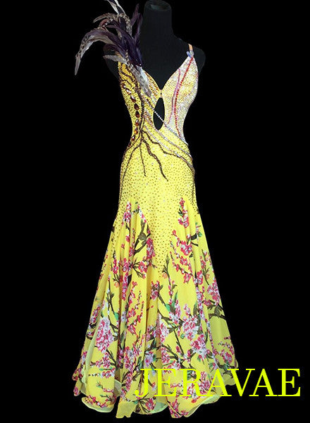 Smooth Ballroom Dress Yellow American Floral Skirt, Feathers – Jeravae