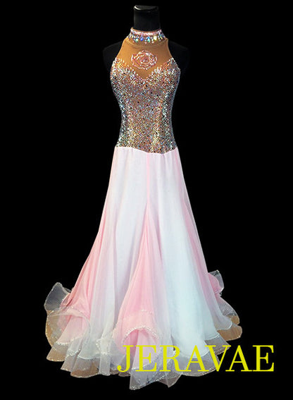 Baby Pink and Brown Smooth Ballroom Dress Ombre Skirt Rose design Loaded w Swarovski stones SMO041 sz Medium