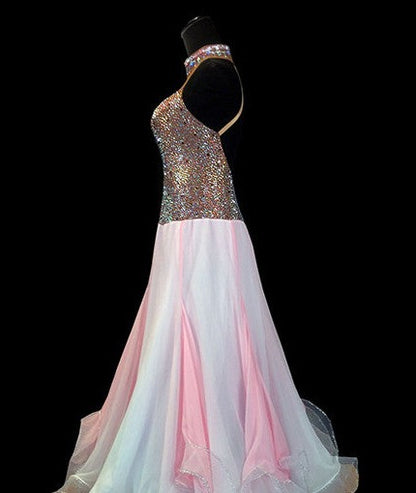 Baby Pink and Brown Smooth Ballroom Dress Ombre Skirt Rose design Loaded w Swarovski stones SMO041 sz Medium