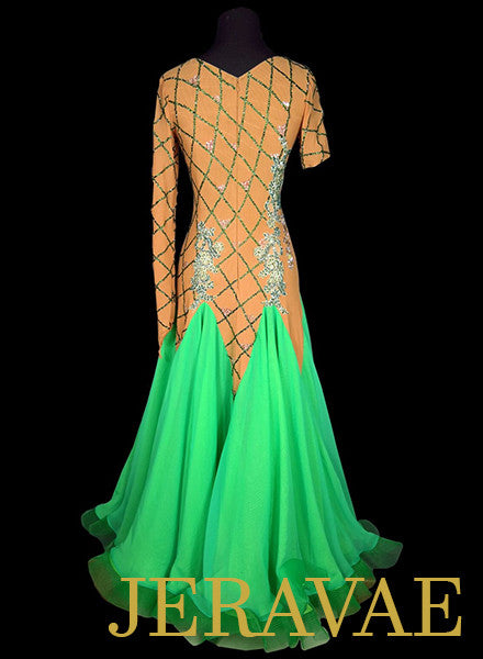 Nude Ballroom Dress w Green Flower Accents and Skirt Swarovski Crystal Stonework SMO048 sz Large