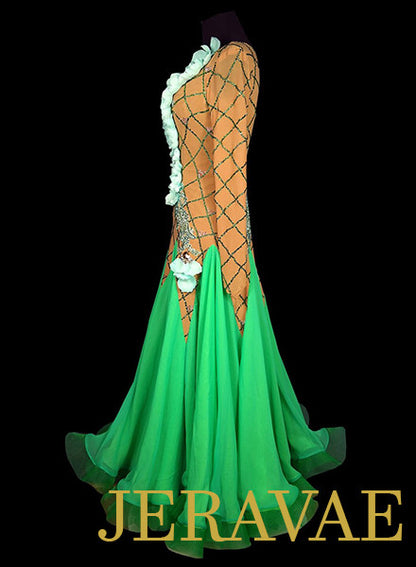 Nude Ballroom Dress w Green Flower Accents and Skirt Swarovski Crystal Stonework SMO048 sz Large