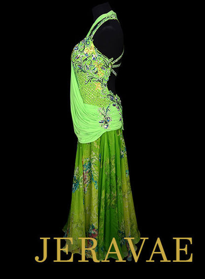 Resale Neon Lime Green Ballroom Dress with Floral Skirt SMO057 sz Medium/Large