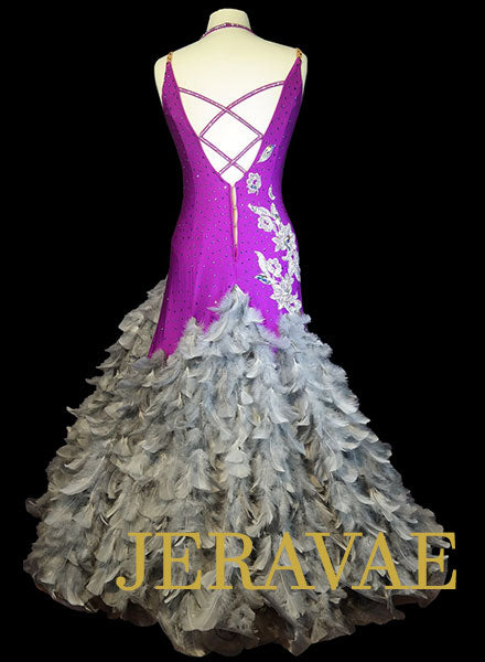 Purple and Grey Smooth Dress with Grey Feathers, Grey Lace, and Swarovski Stones Size Medium/Large SMO078