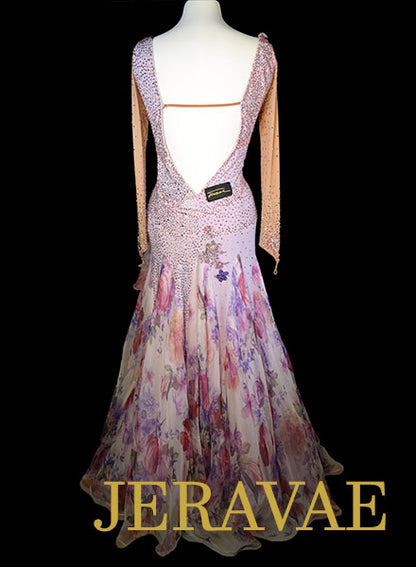 Purple and Nude Smooth Dress with Floral Skirt and Swarovski Stones Size L/XL SMO085