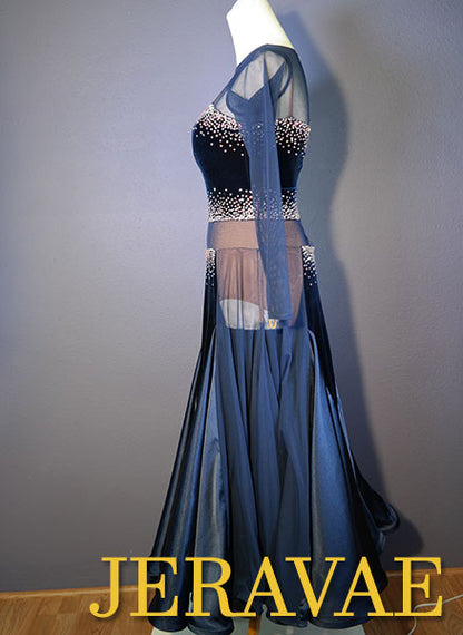 Resale Jordy Navy Blue Velvet and Mesh Smooth/Ballroom Dress with Geometric Square Satin Skirt SZ S/M Smo087