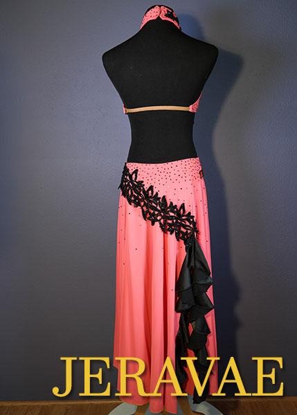 Sleeveless Orange Lace Latin Dress with Black Feather Hem, Deep