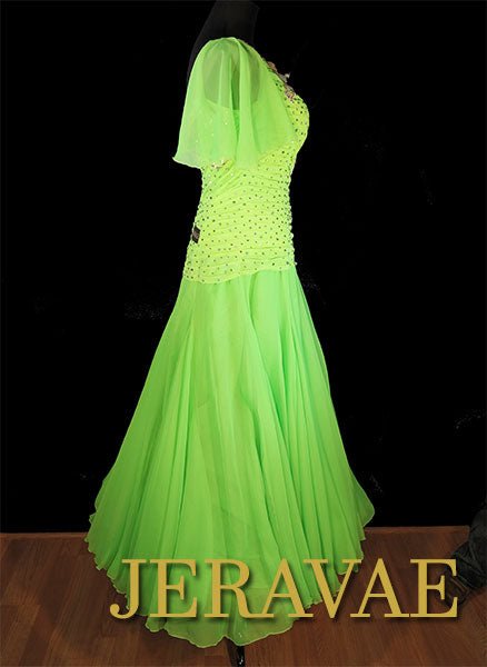 Lime Neon Green Smooth Ballroom Dress with 3D Flower and White Lace and Swarovski Stones Sz M/L (SOLD)