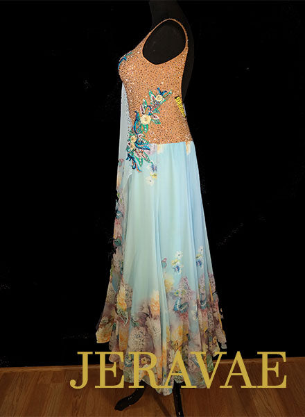 Light Blue Faded Chiffon Ballroom Dress with Floral Skirt and Lace Applique Solid Swarovski Stones SZ M/L SMO090