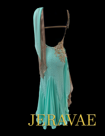 Mint Green and Light Brown Ballroom Dress by Novalee with Stoning Details, Slit Skirt, and Open Back Sz Small Smo146
