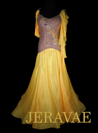 Golden Yellow and Nude Standard Ballroom Dress with Yellow Accents and Solid Swarovski Stones Size M Smo205