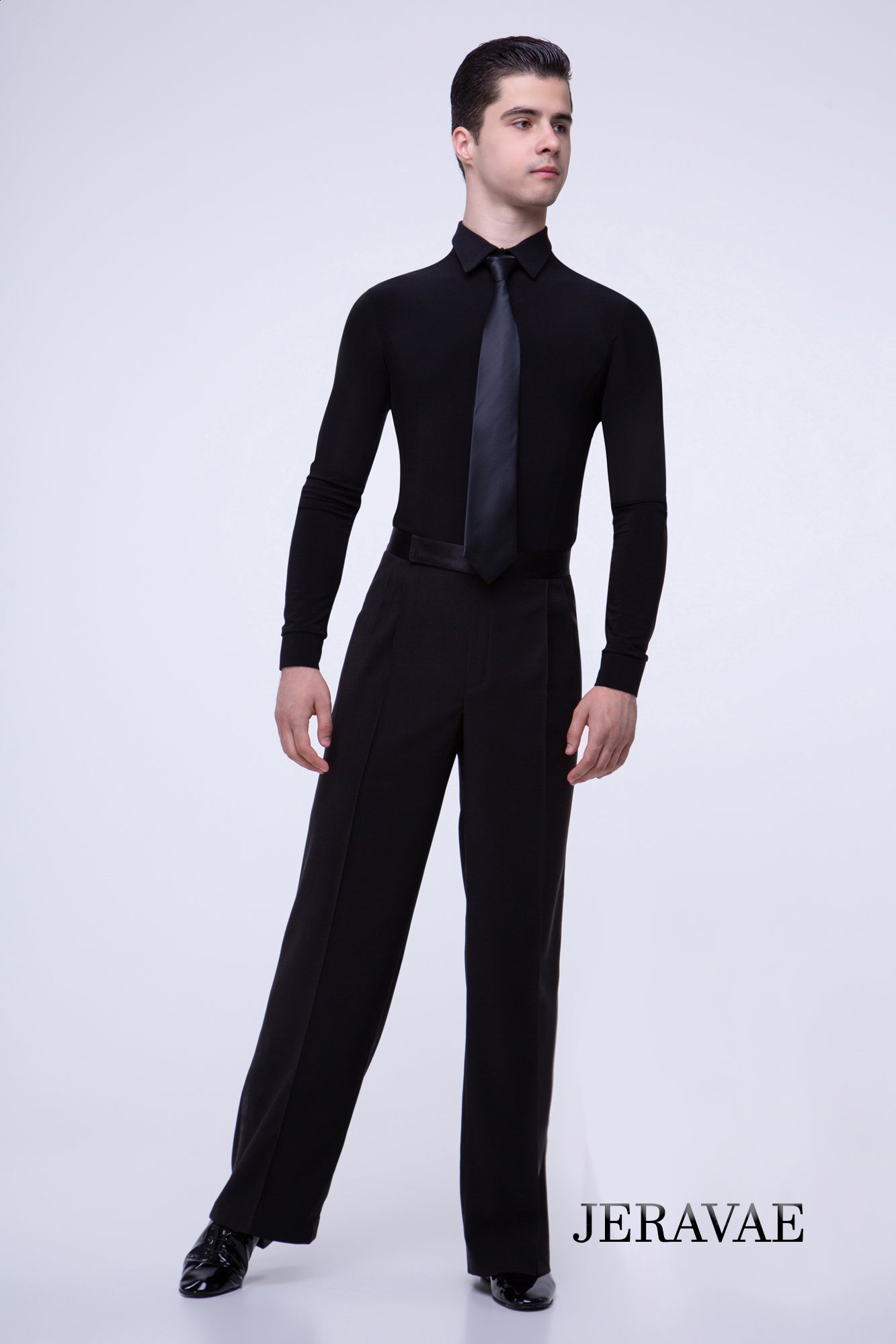 Men's or Boy's Ballroom/Smooth Competition Shirt with Zipper Closure and Tailored Cut Features Built in Bodysuit Available in Black M021