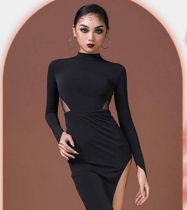 black latin dress with mock turtleneck, mesh cutouts, and side slit