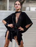 Senga Dancewear TEJANO Black Latin Tunic Dress with Cape Sleeves, Plunging Illusion Neckline, and Wide Belt Pra981 in Stock