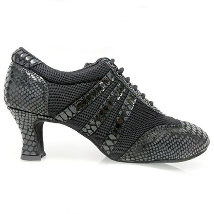 Ray Rose 418 Tiber Black Croc Leather/Black Mesh Ladies Dance Shoe with Cuban Heel