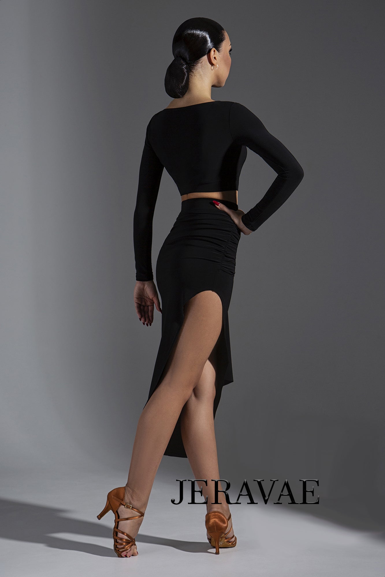 Black Latin Practice Skirt with Rouched 'Bow" Detail and Long Side Pra602