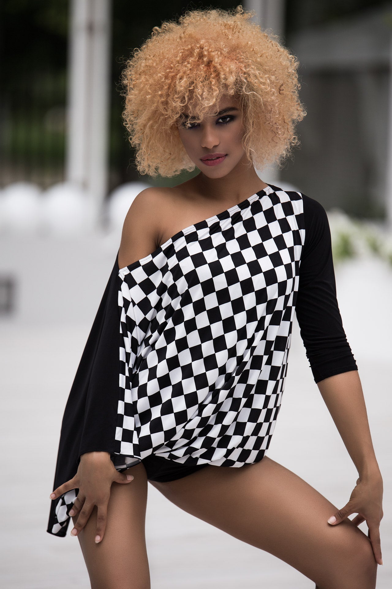 Senga Dancewear TONDERO Black and White Checkered Practice Top with Asymmetrical Neckline and One Sash Sleeve PRA 969 in Stock