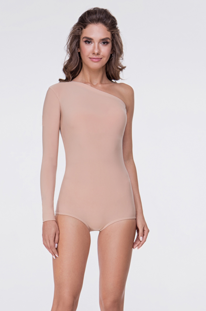 Light Tan/Nude Ballroom or Latin Long Sleeve Bodysuit Practice Top with Single Sleeve PRA 552