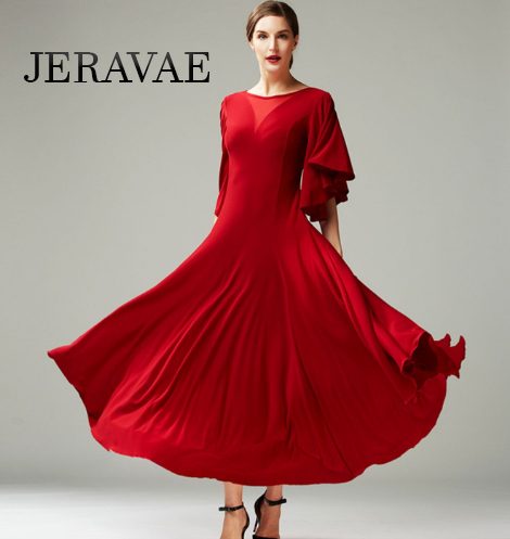 women's red ballroom practice dress with ruffle sleeves