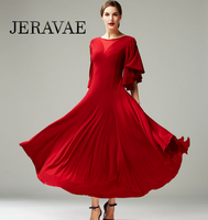 Ballroom Practice Dress with Loose Ruffle Sleeves, V-Neckline in Back and Illusion Neckline in Front, and Belt with Floral Detail Available in Red or Black Pra792 In Stock