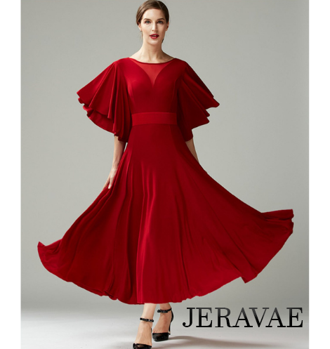 Ballroom Practice Dress with Loose Ruffle Sleeves, V-Neckline in Back and Illusion Neckline in Front, and Belt with Floral Detail Available in Red or Black PRA 792 in Stock