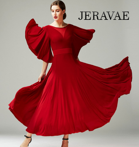 Ballroom Practice Dress with Loose Ruffle Sleeves, V-Neckline in Back and Illusion Neckline in Front, and Belt with Floral Detail Available in Red or Black PRA 792 in Stock