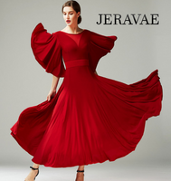 Ballroom Practice Dress with Loose Ruffle Sleeves, V-Neckline in Back and Illusion Neckline in Front, and Belt with Floral Detail Available in Red or Black Pra792 In Stock