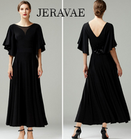 Ballroom Practice Dress with Loose Ruffle Sleeves, V-Neckline in Back and Illusion Neckline in Front, and Belt with Floral Detail Available in Red or Black Pra792 In Stock