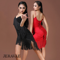 Red or Black Latin Practice Dress with Diagonal Layered Fringe and Spaghetti Strap Detail  Pra798 In Stock