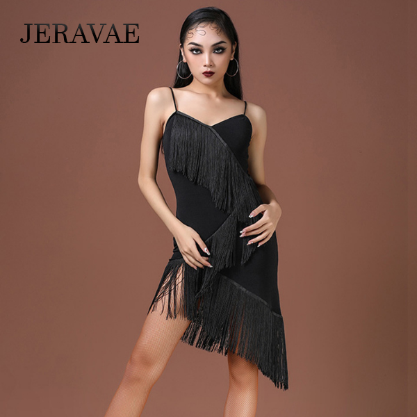 Red or Black Latin Practice Dress with Diagonal Layered Fringe and Spaghetti Straps PRA 798_sale