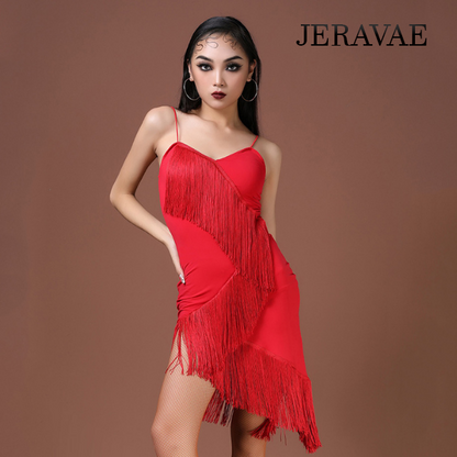 Red or Black Latin Practice Dress with Diagonal Layered Fringe and Spaghetti Straps PRA 798_sale