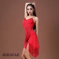 Red or Black Latin Practice Dress with Diagonal Layered Fringe and Spaghetti Strap Detail  Pra798 In Stock