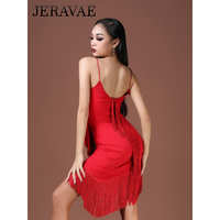 Red or Black Latin Practice Dress with Diagonal Layered Fringe and Spaghetti Strap Detail  Pra798 In Stock