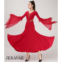 Long Ballroom Practice Dress with Nude Mesh Inserts, Long Fantasy Sleeve Floats with Feather Trim, and Wrapped Horsehair Hem Available in Black, Red, or Blue Pra803 In Stock