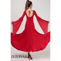 Long Ballroom Practice Dress with Nude Mesh Inserts, Long Fantasy Sleeve Floats with Feather Trim, and Wrapped Horsehair Hem Available in Black, Red, or Blue Pra803 In Stock