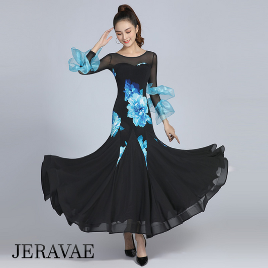 black ballroom dress with blue floral print