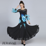 Black Ballroom Practice Dress with Blue Floral Print, 3/4 Length Sleeves with Double Ruffle Detail, Illusion Neckline, and Horsehair Hem Pra804 In Stock