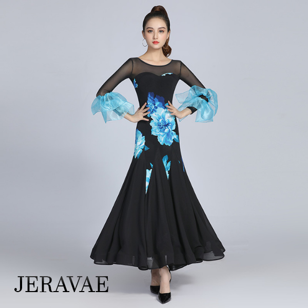 Black Ballroom Practice Dress with Blue Floral Print, 3/4 Length Sleeves with Double Ruffle Detail, Illusion Neckline, and Horsehair Hem PRA 804 in Stock