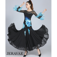 Black Ballroom Practice Dress with Blue Floral Print, 3/4 Length Sleeves with Double Ruffle Detail, Illusion Neckline, and Horsehair Hem Pra804 In Stock