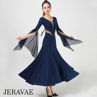 Long Ballroom Practice Dress with Nude Mesh Inserts, Long Fantasy Sleeve Floats with Feather Trim, and Wrapped Horsehair Hem Available in Black, Red, or Blue Pra803 In Stock