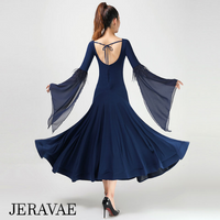 Long Ballroom Practice Dress with Nude Mesh Inserts, Long Fantasy Sleeve Floats with Feather Trim, and Wrapped Horsehair Hem Available in Black, Red, or Blue Pra803 In Stock
