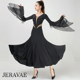 Long Ballroom Practice Dress with Nude Mesh Inserts, Long Fantasy Sleeve Floats with Feather Trim, and Wrapped Horsehair Hem Available in Black, Red, or Blue Pra803 In Stock