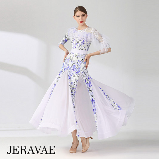White and Blue Floral Ballroom Practice Dress with Half Sleeves, One Lace Sleeve and Shoulder, Belt, and Chiffon Gussets PRA 808_SALE
