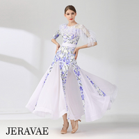 White and Blue Floral Ballroom Practice Dress with Half Sleeves, One Lace Sleeve and Shoulder, Belt, and Chiffon Gussets Pra808 in Stock