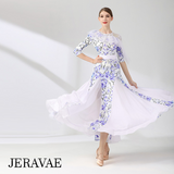 White and Blue Floral Ballroom Practice Dress with Half Sleeves, One Lace Sleeve and Shoulder, Belt, and Chiffon Gussets Pra808 in Stock
