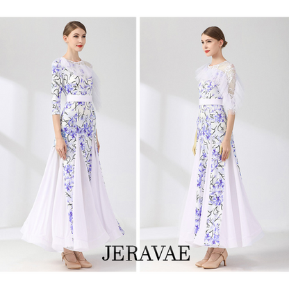White and Blue Floral Ballroom Practice Dress with Half Sleeves, One Lace Sleeve and Shoulder, Belt, and Chiffon Gussets PRA 808 in Stock