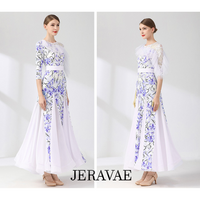 White and Blue Floral Ballroom Practice Dress with Half Sleeves, One Lace Sleeve and Shoulder, Belt, and Chiffon Gussets Pra808 in Stock