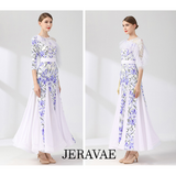 White and Blue Floral Ballroom Practice Dress with Half Sleeves, One Lace Sleeve and Shoulder, Belt, and Chiffon Gussets Pra808 in Stock