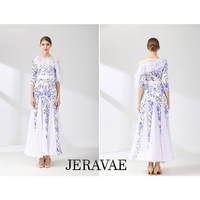 White and Blue Floral Ballroom Practice Dress with Half Sleeves, One Lace Sleeve and Shoulder, Belt, and Chiffon Gussets Pra808 in Stock