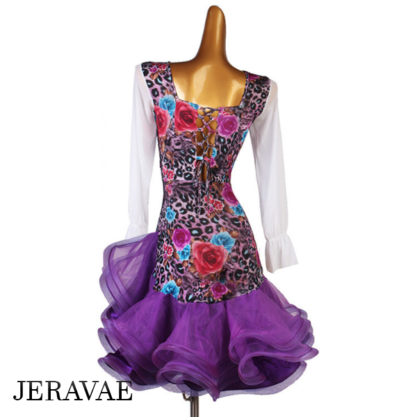V-Neck Latin Practice Dress with Floral and Leopard Print Bodice, Long Mesh Sleeves, and Full Purple Skirt Sizes XS-6XL PRA 809 in Stock