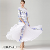 White and Blue Floral Ballroom Practice Dress with Half Sleeves, One Lace Sleeve and Shoulder, Belt, and Chiffon Gussets Pra808 in Stock